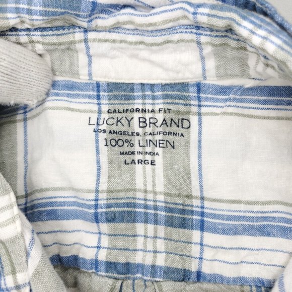Lucky Brand Button Shirt Men Large White Blue California Fit Plaid 100% Linen - Picture 3 of 9